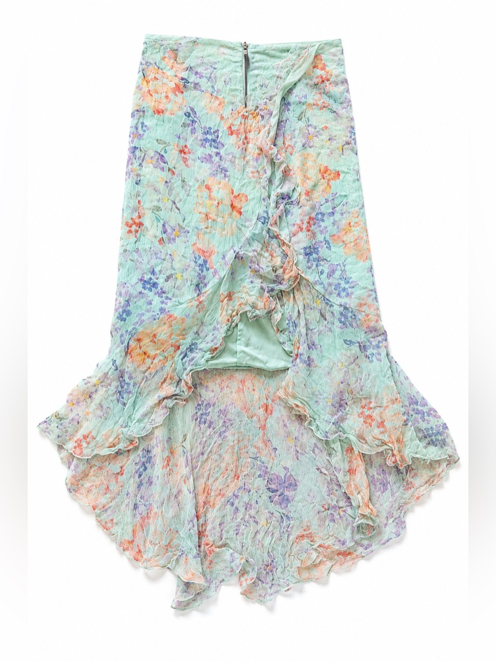 Alice + Olivia Floral Ruffle Asymmetrical Midi Skirt Size 8 Mint Green Silk-Look - Picture 3 of 13